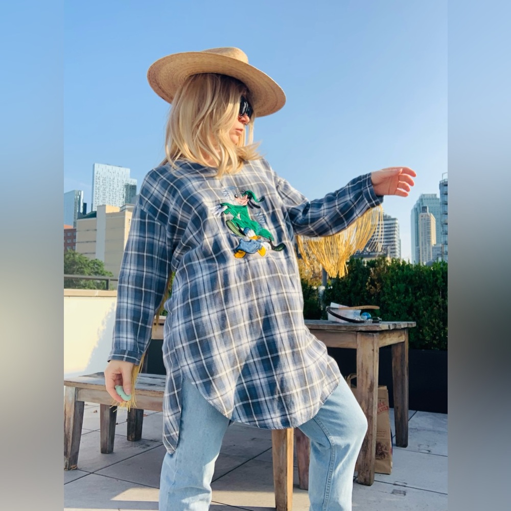 Goofy & Donald Vintage Embroidered Disney Plaid Denim Blue Hi-Lo Top